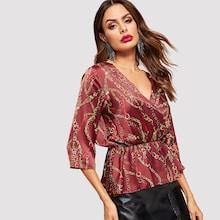 Shein Chain Print Surplice Ruffle Blouse
