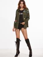 Shein Olive Green Drop Shoulder Ripped Jacket With Patch