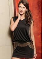 Rosewe Shiny V Neck Sleeveless Black Tunic Dress With Fitting