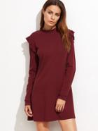 Shein Burgundy Long Sleeve Tee Dress With Frill Detail