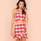 Shein Cross Wrap Plaid Halter Top & Ruffle Skirt Set