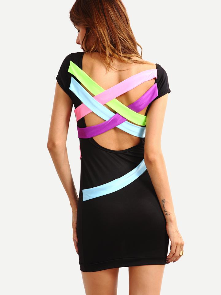 Shein Cutout Lattice Back Sheath Dress - Black
