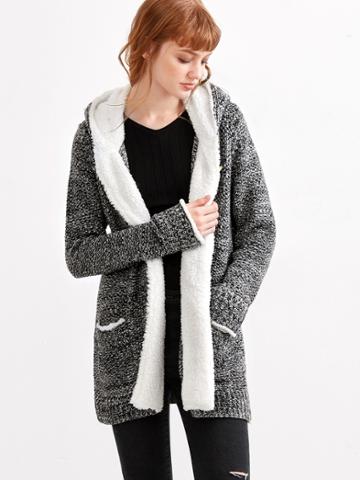 Shein Grey Marled Knit Faux Shearling Neckline Duffle Sweater Coat