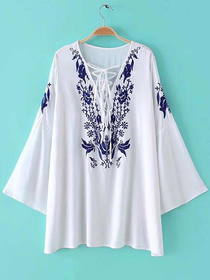 Shein White Bell Sleeve Lace Up Front Print Blouse