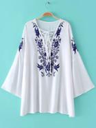 Shein White Bell Sleeve Lace Up Front Print Blouse