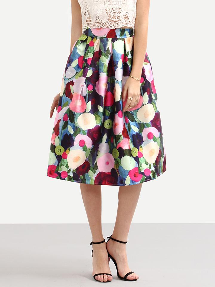 Shein Multicolor Abstract Flower Print Midi Skirt