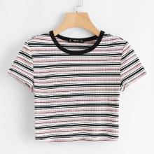 Shein Contrast Tape Striped Print Ribbed Tee