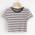 Shein Contrast Tape Striped Print Ribbed Tee