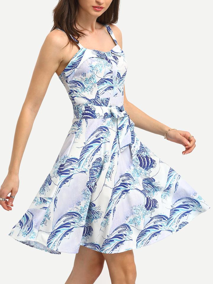 Shein Wave Print Self-tie A-line Dress