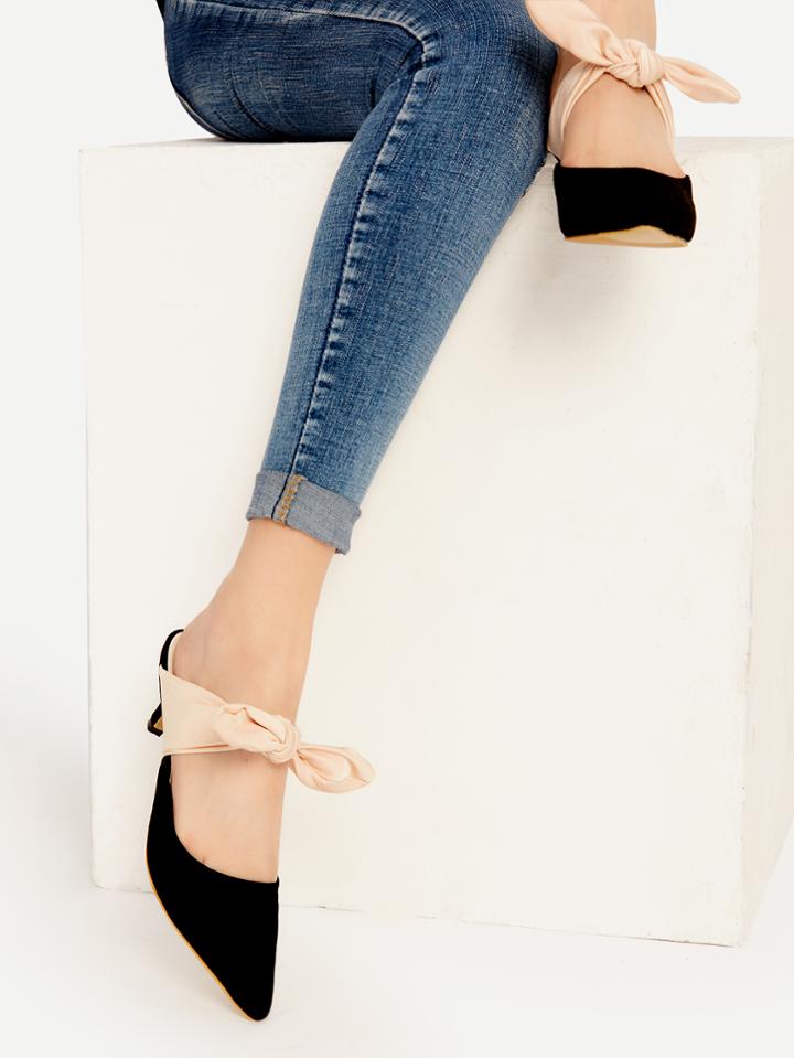 Shein Black Point Toe Contrast Bow Tie Heeled Mules