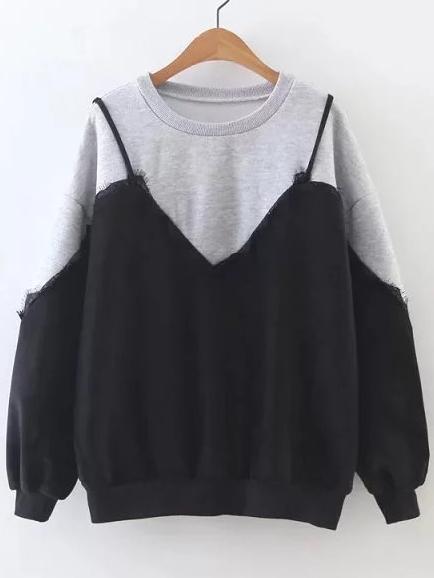 Shein Color Block Eyelash Lace 2 In 1 Sweatshirt
