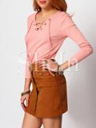 Shein Pink V Neck Long Sleeve Lace Up T-shirt