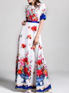 Shein Crew Neck Flowers Print Maxi Dress