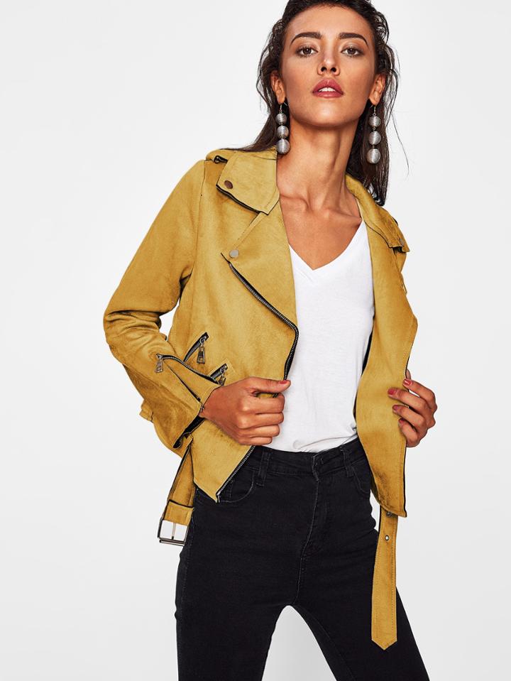 Shein Zip Detail Belt Hem Suede Jacket