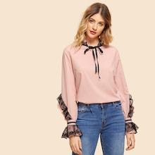 Shein Lace Ruffle Tie Neck Blouse