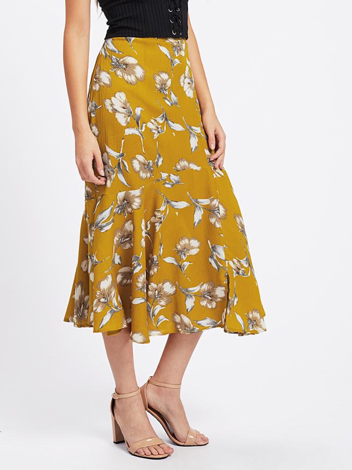 Shein Random Botanical Print Frill Hem Skirt