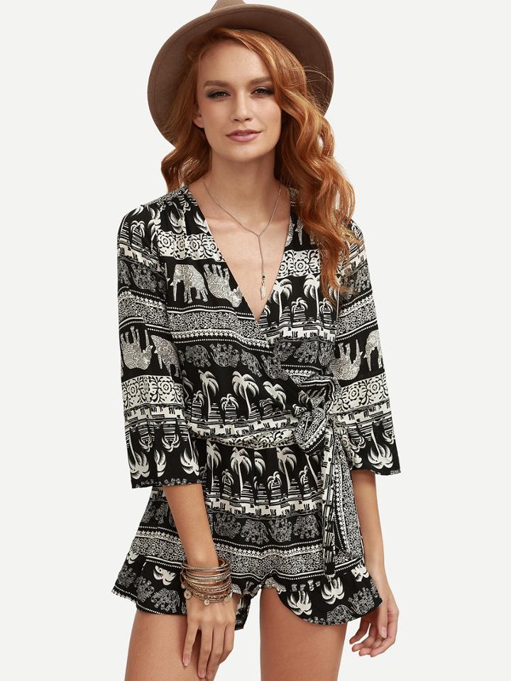 Shein Black Tribal Print V Neck Wrap Romper