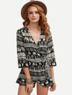 Shein Black Tribal Print V Neck Wrap Romper