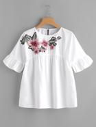 Shein Embroidered Flower Embellished Ruffle Sleeve Babydoll Top