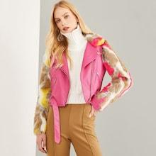 Shein Zip Front Belted Soft Faux Fur Contrast Jacket