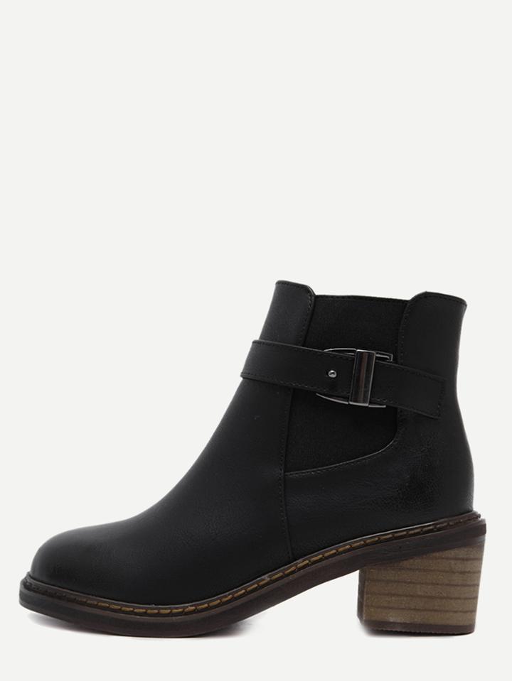 Shein Black Faux Leather Round Toe Buckle Strap Elastic Ankle Boots