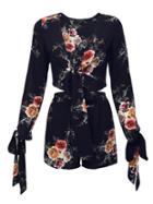 Shein Navy Floral Print Bow Tie Blouse With Shorts