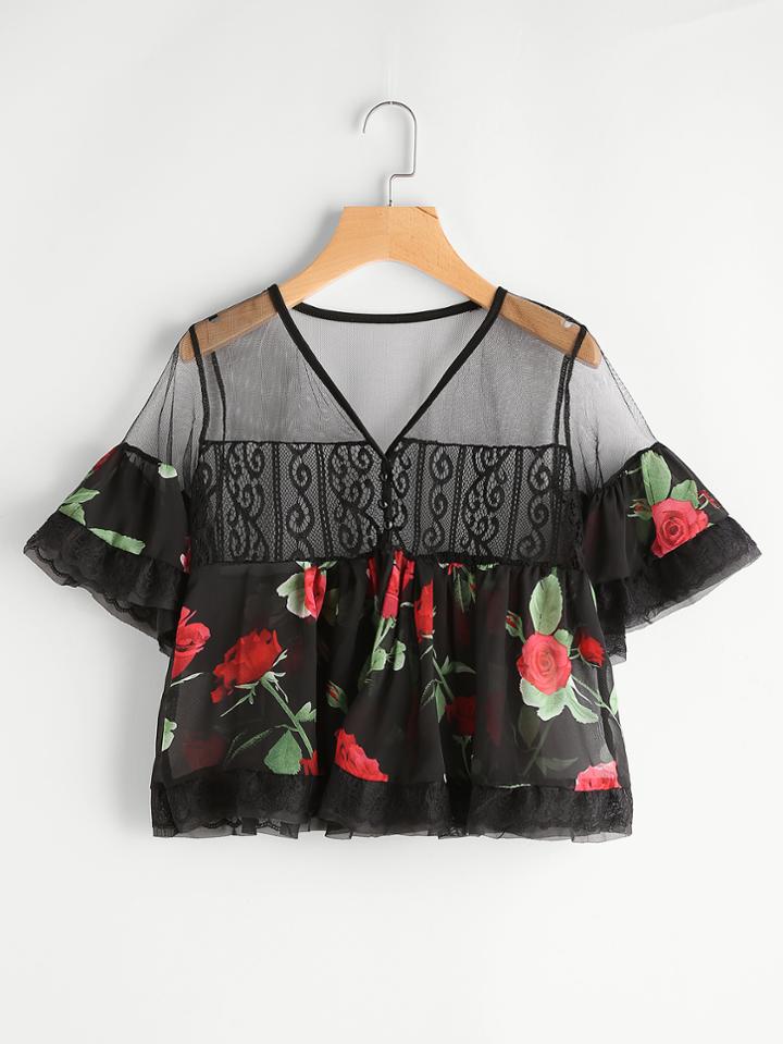 Shein Sheer Shoulder Rose Print Bell Sleeve Top