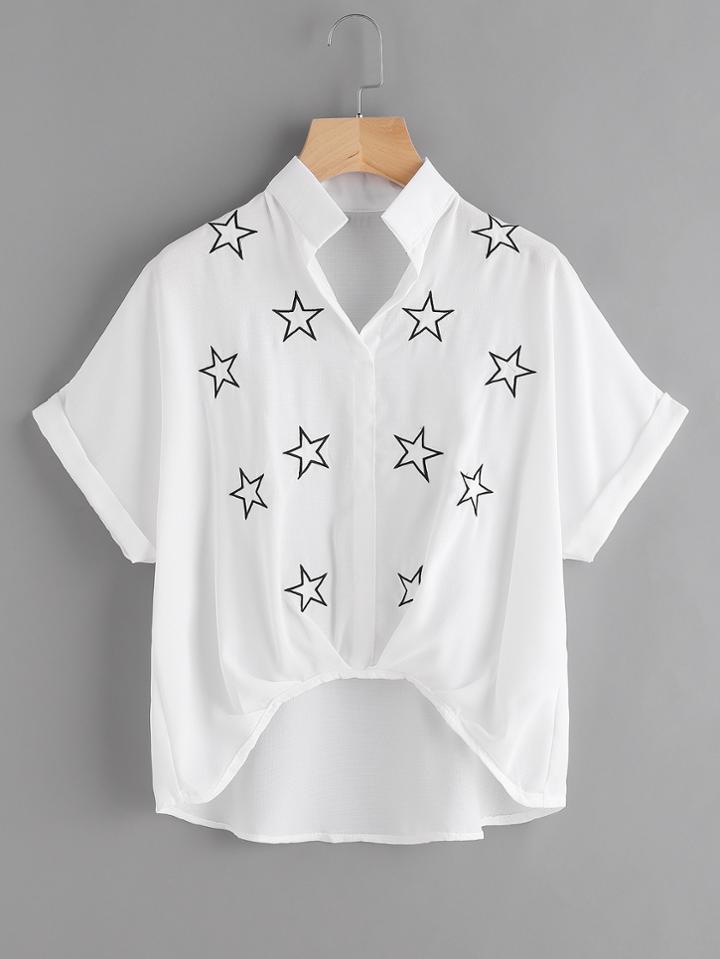 Shein Embroidery Cuffed Dip Hem Blouse