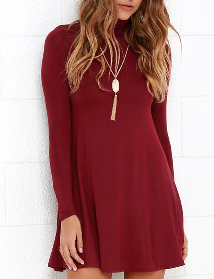 Shein Burgundy High Neck Long Sleeve Slim Dress