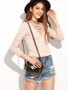 Shein Apricot Deep V Neck Lattice Front T-shirt