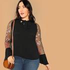 Shein Plus Embroidered Mesh Bell Sleeve Top