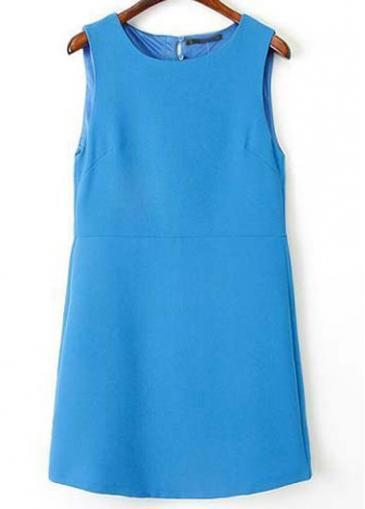 Rosewe Glamorous Solid Blue Sleeveless Straight Dress For Lady