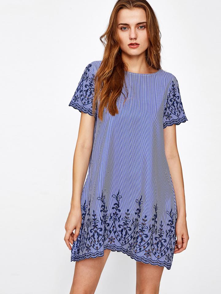 Shein Eyelet Embroidered Scallop Edge Pinstripe Dress