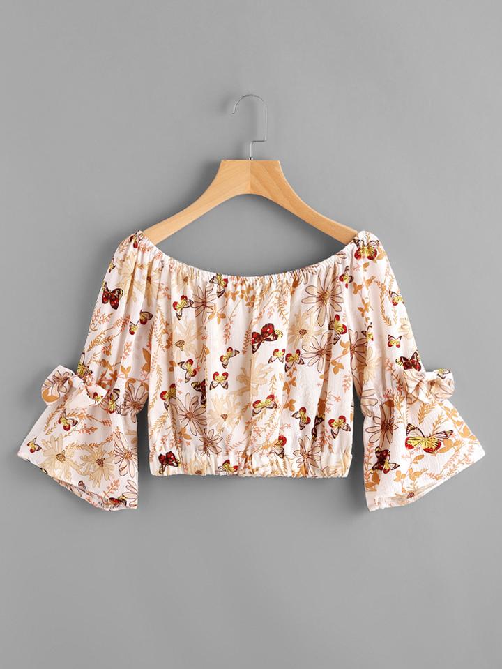 Shein Boat Neckline Butterfly Print Bow Tie Detailed Top