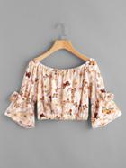 Shein Boat Neckline Butterfly Print Bow Tie Detailed Top