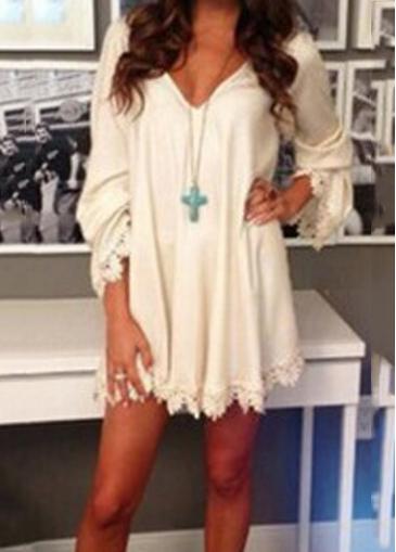 Rosewe White Lace Splicing Long Sleeve Mini Dress