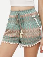 Shein Multicolor Print Pom-pom Tie Waist Shorts