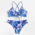 Shein Palm Print Braided Straps Bikini Set