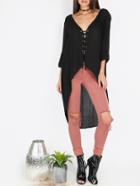 Shein Black V Neck Lace Up Front High Low Blouse