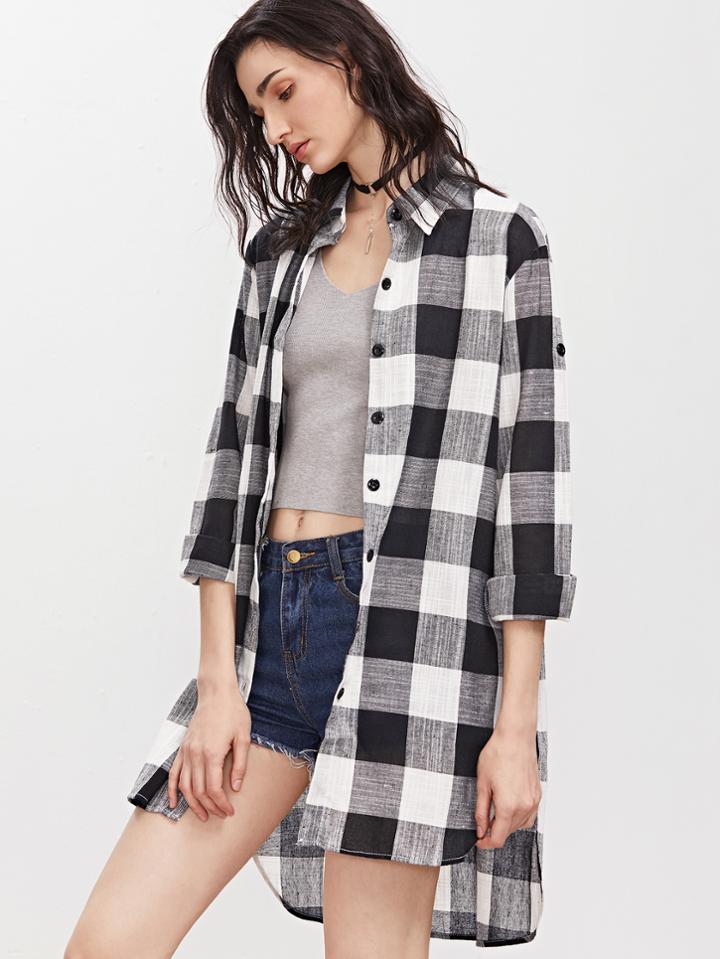 Shein Check Plaid Slit Side High Low Shirt