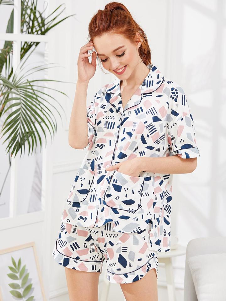 Shein Contrast Binding Geo Print Shirt & Shorts Pj Set