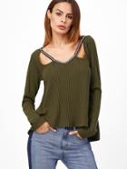 Shein Olive Green Cutout Ribbed T-shirt With Jacquard Tape Detail