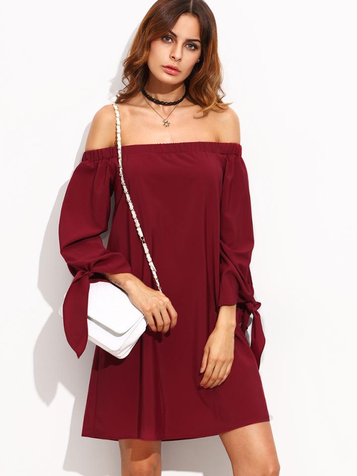 Shein Burgundy Tie Cuff Off The Shoulder Shift Dress