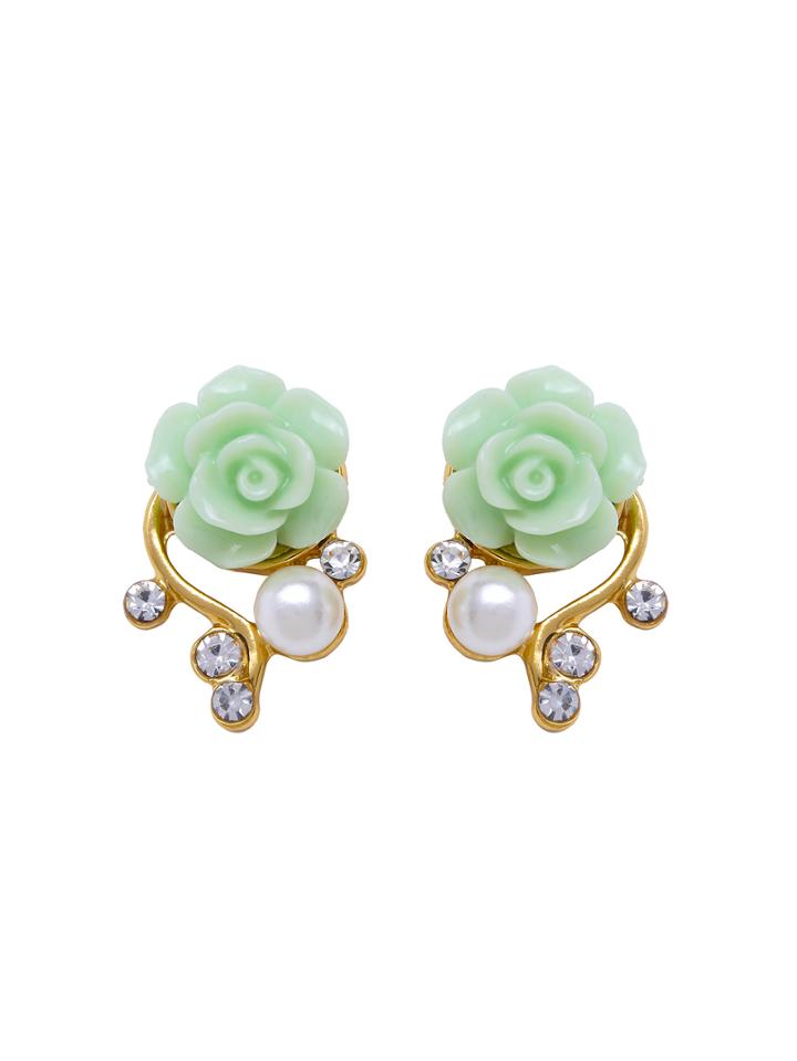 Shein Mint Green Rose Shaped Artificial Pearl And Diamond Stud Earrings