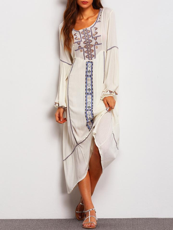 Shein Ivory Long Sleeve Embroidered Hoolw Back Dress