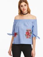 Shein Blue Off The Shoulder Tie Sleeve Embroidered Rose Applique Top