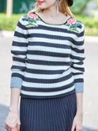 Shein Color Block Striped Applique Pouf Sweater