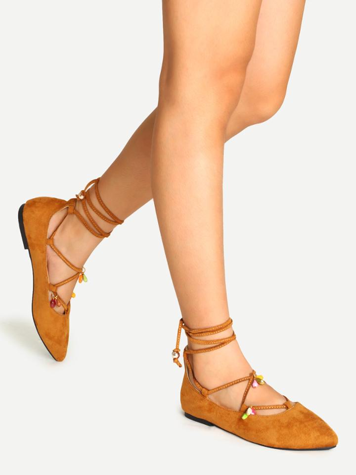 Shein Brown Faux Suede Lace Up Beaded Flats