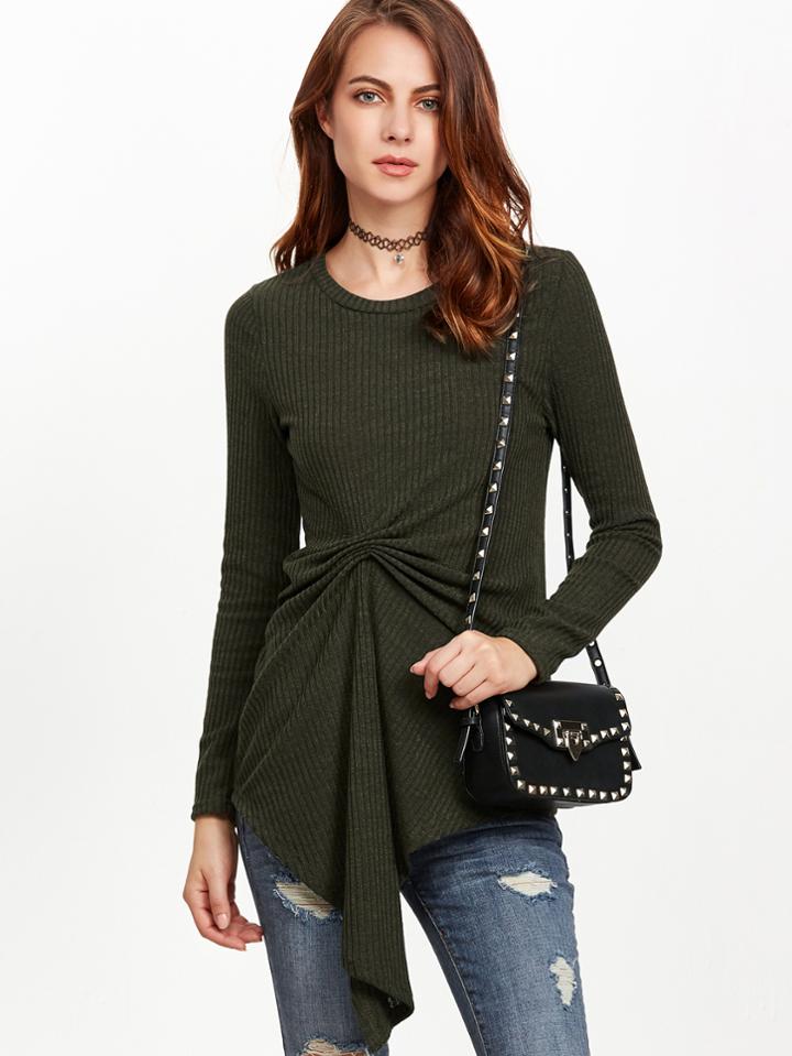 Shein Army Green Knotted Front Asymmetric Ribbed Sweater