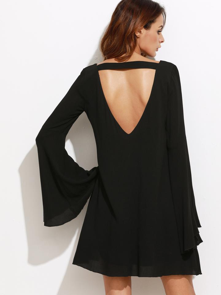 Shein Black Open Back Bell Sleeve Dress